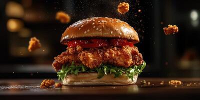 Crispy fried chicken burger with fresh lettuce and tomatoes on a sesame seed bun in a cozy restaurant setting photo