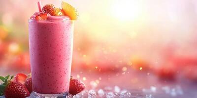 Refreshing fruit smoothie served with strawberries and peaches at sunset photo