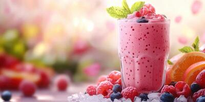 Refreshing berry smoothie served with fresh fruits in a vibrant, colorful setting during summer photo