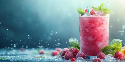 Refreshing raspberry drink served in a glass with ice and mint garnishes on a blue background photo
