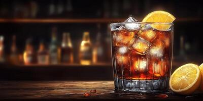 Refreshing cocktail with ice and lemon slices on wooden bar top in a dimly lit lounge photo
