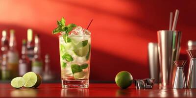 Refreshing mojito cocktail prepared with fresh mint and lime on a vibrant red background photo