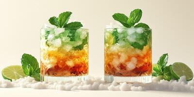 Refreshing cocktails with layers of color and fresh mint served in clear glasses photo