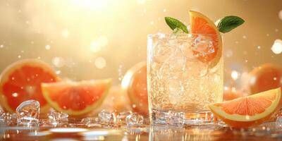 Refreshing citrus drink with ice and orange slices against a bright background photo