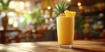 Refreshing pineapple smoothie served in a clear glass with fresh fruit garnish in a cozy cafe setting photo