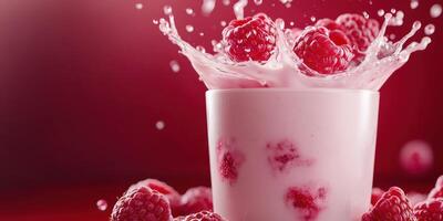Refreshing raspberry dessert with creamy swirl and vibrant splash captured against a rich red backdrop photo
