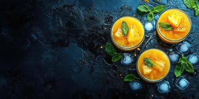 Refreshing pineapple and mint drinks served over ice in a dark, stylish setting for a summer gathering photo