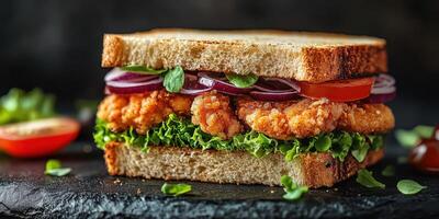 Crispy chicken sandwich with fresh vegetables and toasted bread on dark slate background photo