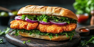 Crispy chicken sandwich served on a rustic wooden board with fresh vegetables photo