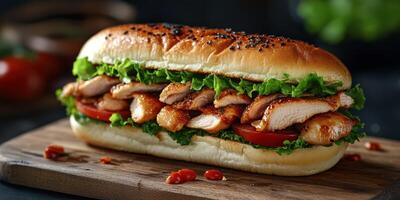 Delicious grilled chicken sandwich with fresh lettuce and ripe tomatoes on a wooden table photo