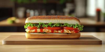 Freshly prepared sandwich with grilled chicken, lettuce, and tomato on a wooden cutting board in a bright kitchen photo