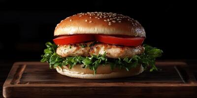 Juicy grilled chicken burger with fresh lettuce and tomato served on a wooden platter in a dimly lit setting photo