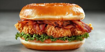 Delicious chicken sandwich with crispy bacon, lettuce, and sauce presented on a glazed donut bun photo