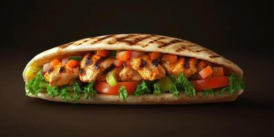 Delicious grilled chicken sandwich with fresh vegetables served on soft pita bread photo