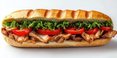 Freshly made sandwich with grilled chicken, lettuce, and ripe tomatoes in a crusty baguette photo