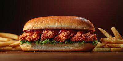 Delicious fried chicken sandwich served with crispy fries on a wooden table photo