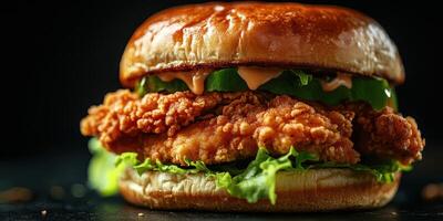 Delicious fried chicken sandwich with lettuce and spicy sauce prepared in a kitchen setting at lunchtime photo