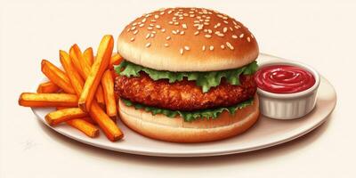 Delicious crispy chicken sandwich served with golden French fries and ketchup on a white plate photo