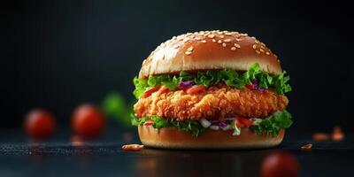Crispy chicken burger topped with fresh vegetables served on a dark countertop photo