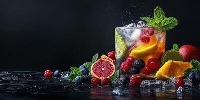 Refreshing summer cocktail with fresh fruits and ice on dark backdrop photo