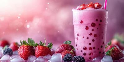 Refreshing berry smoothie with colorful fruit and ice on a bright background during a summer day photo