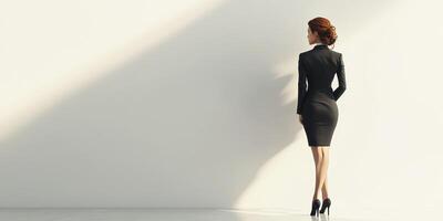 Elegant woman in a tailored black dress poses against a minimalist background with strong sunlight highlighting her silhouette photo