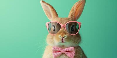 Rabbit wearing sunglasses and a bow tie poses against a solid teal background in a playful setting photo