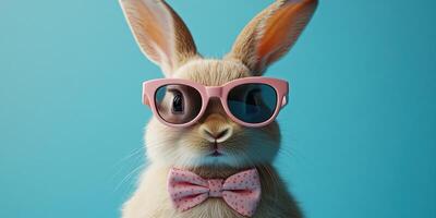 Charming rabbit wearing pink glasses and a bow tie poses against a bright blue background for a playful portrait photo