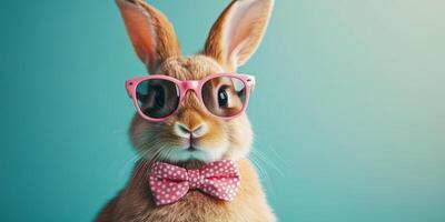 Rabbit wearing pink sunglasses and a polka dot bow tie poses against a light blue background in a whimsical setting photo