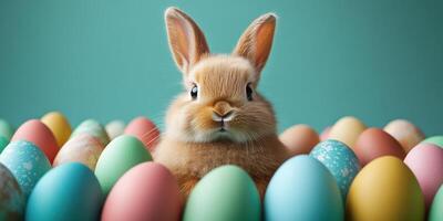 Cute bunny surrounded by colorful Easter eggs in a bright setting during spring festivities photo