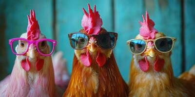 Chickens wearing colorful glasses pose together in a vibrant setting with a rustic backdrop photo