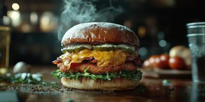 Delicious crispy chicken sandwich topped with cheese and pickles on a wooden table photo