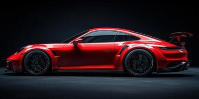 Bright red sports car displayed in a dimly lit showroom with dynamic angles highlighting its sleek design and performance features photo