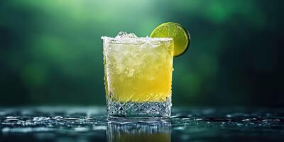 Refreshing cocktail placed on a wet surface, garnished with a lime slice and salt rim, perfect for summer gatherings photo