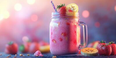 Smoothie filled with fresh fruits placed on a colorful surface with a vibrant background photo