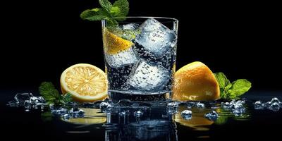 Refreshing glass of sparkling lemon drink with ice and mint leaves on a dark surface photo