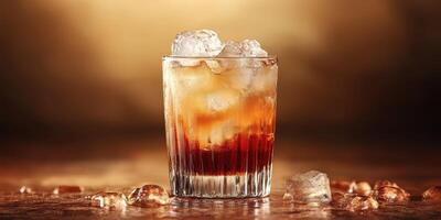 Classic cocktail with ice served in a glass against a warm backdrop photo