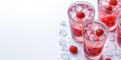 Refreshing raspberry drinks served with ice in a clear glass on a white background during summer gatherings photo