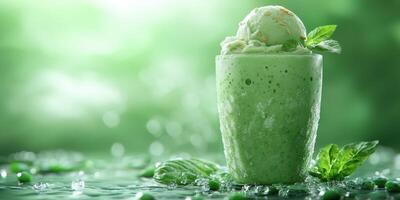 Refreshing green mint smoothie topped with creamy ice cream served in a clear glass photo