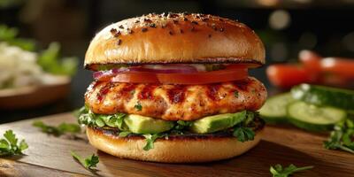 Grilled salmon burger served with fresh vegetables and herbs on a wooden table photo