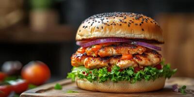 Juicy grilled chicken burger with fresh vegetables and sesame seed bun served on wooden board photo