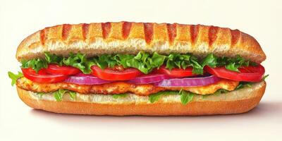 Freshly made sandwich with grilled chicken, lettuce, tomatoes, and onions on a toasted bun ready for a hungry diner photo