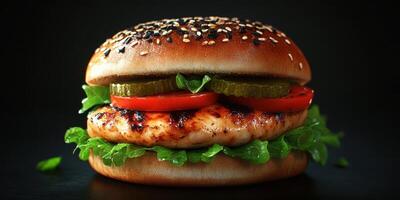 Juicy grilled chicken burger with fresh vegetables on a sesame seed bun in a dark setting photo