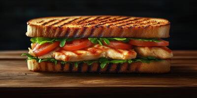Grilled chicken sandwich with fresh vegetables served on toasted bread at a cozy cafe photo
