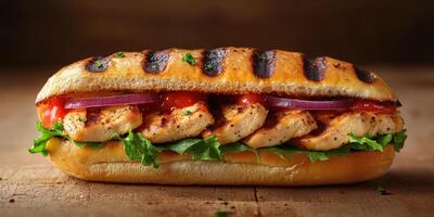 Grilled chicken sandwich served with fresh vegetables on rustic wooden table photo
