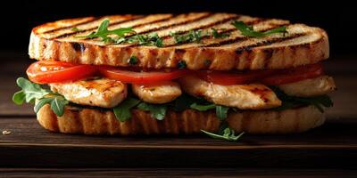 Grilled chicken sandwich with fresh arugula and tomatoes on rustic bread served on a wooden table photo