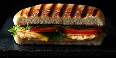Freshly grilled chicken sandwich with melted cheese, tomato, and arugula served on toasted bread photo