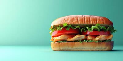Delicious sandwich with chicken, lettuce, and tomato against a teal background photo