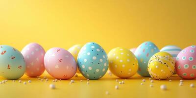 Colorful decorated eggs arranged on a bright yellow background for a festive spring celebration photo