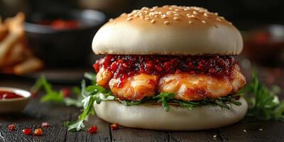 Delicious burger with spicy sauce and fresh greens showcased on a rustic wooden table photo
